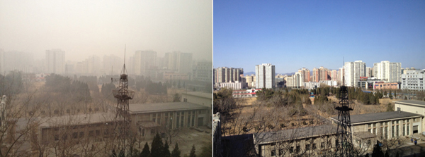 The photos taken on Feb. 26 Feb. 27  make a striking contrast of Beijing during and after the recent heavy smog. 