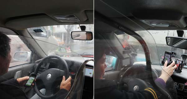 A combined picture shows taxi drivers glimpsing their smartphones when driving their cars in Shanghai, Feb 26, 2014. [Photo/Xinhua]