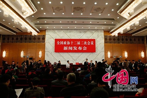 The news conference for the second annual session of the 12th Chinese People's Political Consultative Conference (CPPCC) National Committee holds at the Great Hall of the People in Beijing at 3pm on March 2, 2014. [China.org.cn]