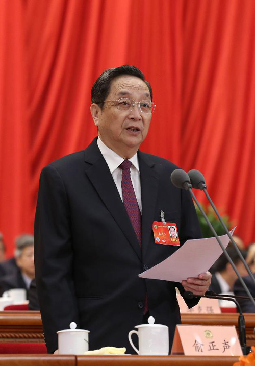 Yu Zhengsheng, chairman of the National Committee of the Chinese People's Political Consultative Conference (CPPCC), presides over the closing meeting of the second session of the 12th National Committee of the CPPCC in Beijing, capital of China, March 12, 2014.