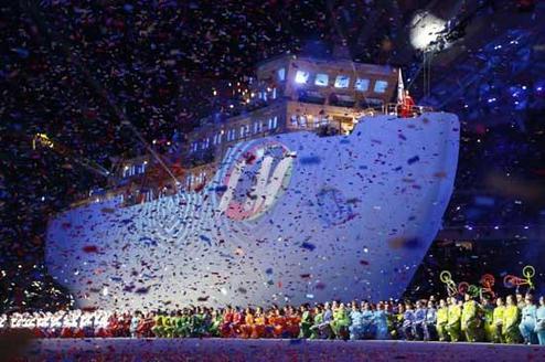 A huge icebreaker ship makes its way during the closing ceremony of the 2014 Winter Paralympics at the Fisht Olympic stadium in Sochi, Russia, Sunday, March 16, 2014. 