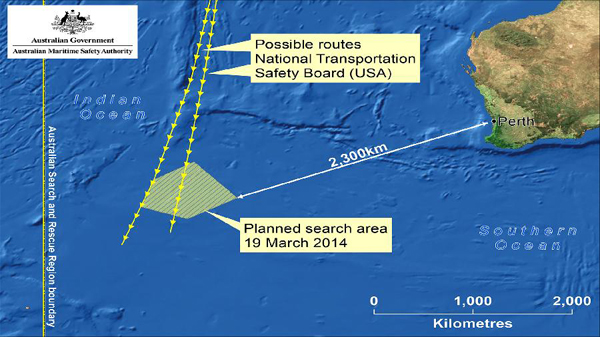 The scanned version of the map released on March 19, 2014 by Australian Maritime Safety Authority (AMSA) shows the search area for the second day has been reduced to 300,000 square kilometers from 600,000 square kilometers a day before. The area is also closer to Western Australian coast. The search operation for Malaysia Airlines flight MH370 in the Southern Indian Ocean has continued in the Australian Search and Rescue Region, the AMSA said on Wednesday. [Xinhua] 