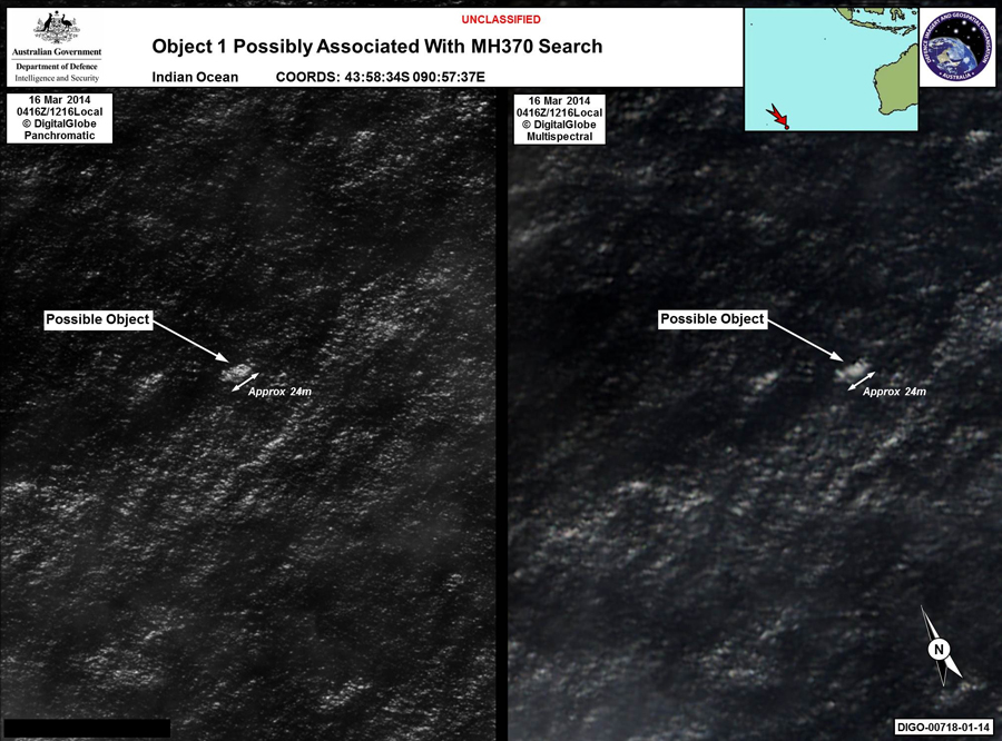 Satellite imagery provided to AMSA of objects that may be possible debris of the missing Malaysia Airlines Flight MH370 in a revised area 185 km to the south east of the original search area. The imagery has been analysed by specialists in Australian GeoSpacial-Intelligence Organisation and is considered to provide a possible sighting of objects that has resulted in a refinement of the search area. [AMSA] 