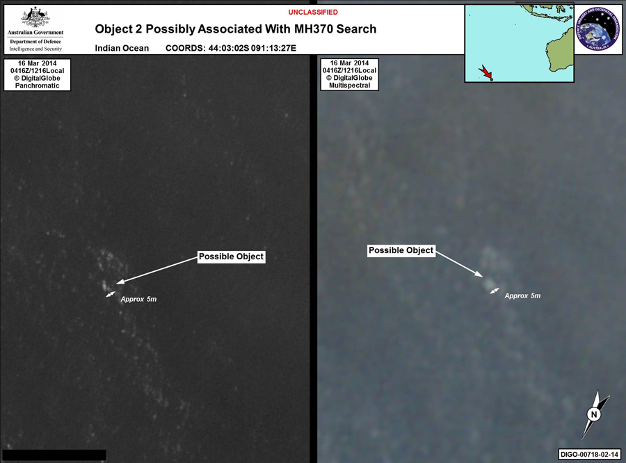 Satellite imagery provided to AMSA of objects that may be possible debris of the missing Malaysia Airlines Flight MH370 in a revised area 185 km to the south east of the original search area. The imagery has been analysed by specialists in Australian GeoSpacial-Intelligence Organisation and is considered to provide a possible sighting of objects that has resulted in a refinement of the search area. [AMSA] 