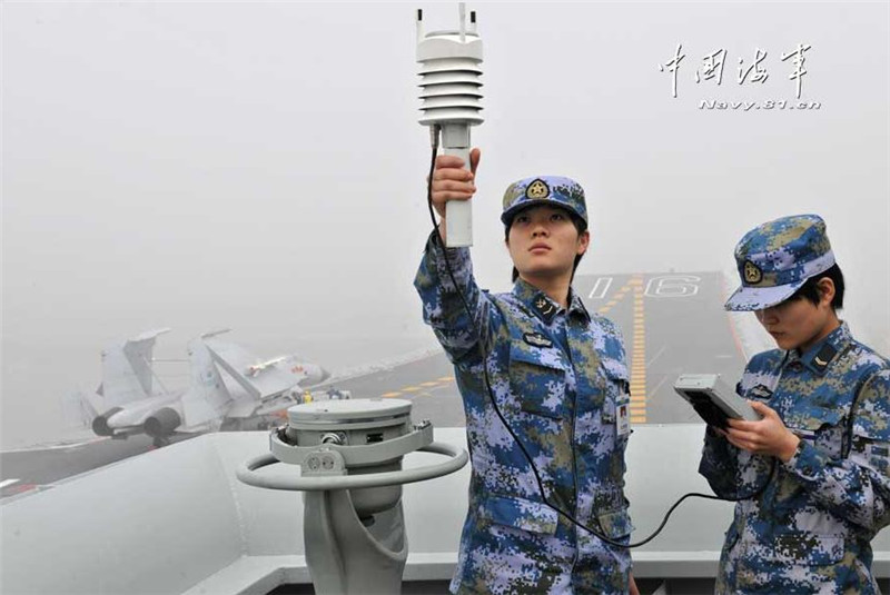 A pair of female recruits measure wind speed on board Chinese aircraft carrier Liaoning. [Photo/navy.81.cn]