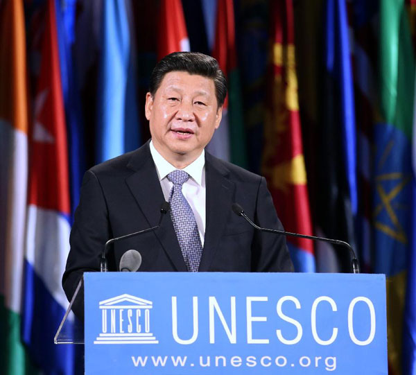 2014年3月27日，国家主席习近平在巴黎联合国教科文组织总部发表演讲。[新华社]
