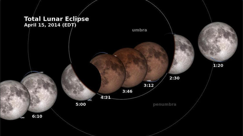 美国国家航空航天局（NASA）宣布，美国时间4月15日出现月全食，月亮呈铜红色，俗称“血月”。这是在接下来两年内连续发生的4次月全食中的第一次，余下的3次将分别与前一次间隔半年。天文学家为这一现象起名为“连环四月食”，即2年内连续有4个月会出现月全食。[光明网]