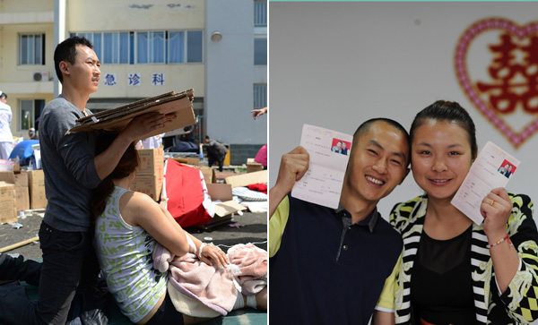 One year ago(L): Yang Jinmao, above, holds cardboard to shade his girlfriend, He Jianxi, from the sun as she was awaits treatment at a hospital in Lushan county, Sichuan province, on April 20, 2013, after a magnitude-7.0 earthquake hit the county that morning. Jiang Hongjing / Xinhua News Agency NOW (R): Yang Jinmao and He Jianxi show their marriage certificate. They registered on Sunday, one year after the Lushan earthquake as their love helped them get them through the tough time. [Photo/China Daily]