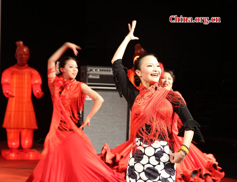 Chinese Flamenco dancers light up the press conference of 2014 Beijing International Pop Music Festival with a passionate performance Sunday in Beijing. [By Li Shen/China.aorg.cn] 