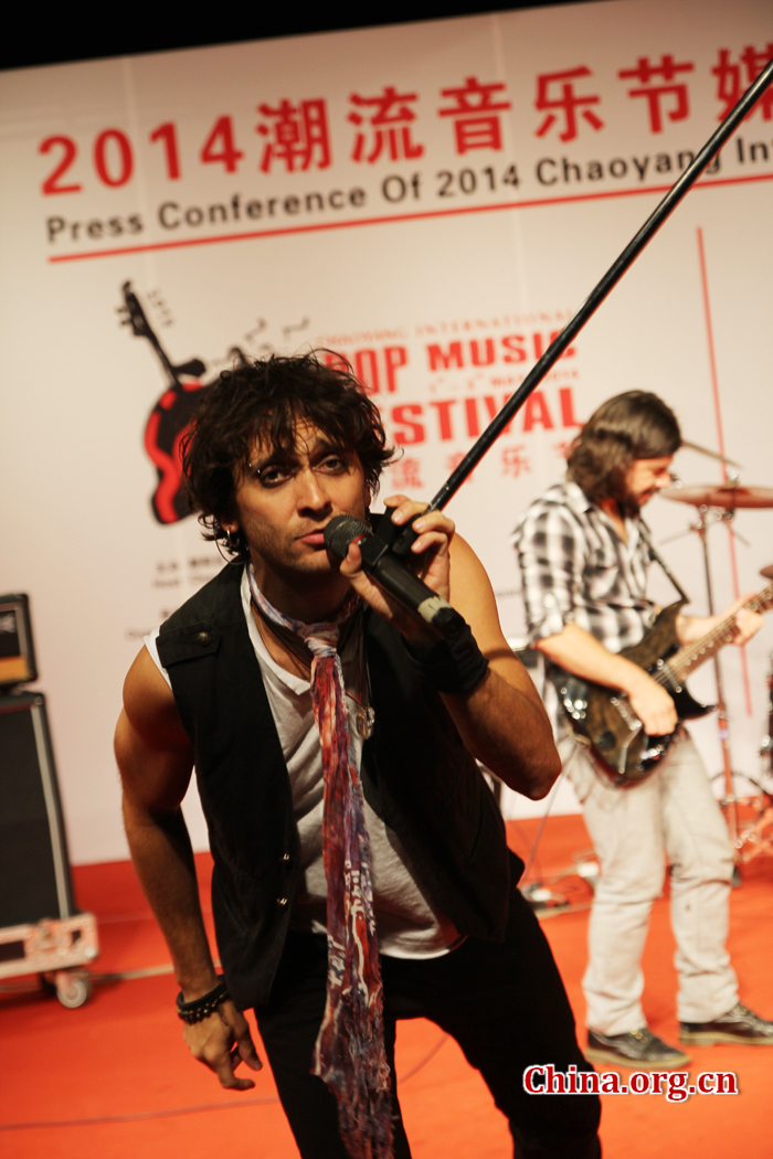 The Gandhi, a 20-year-old prestigious rock band from Costa Rica perform at the press conference of 2014 Beijing International Pop Music Festival Sunday in Beijing. [By Li Shen/China.aorg.cn]