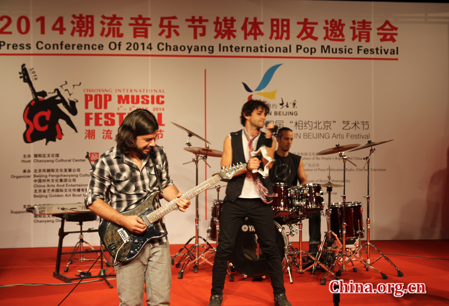 The Gandhi, a 20-year-old prestigious rock band from Costa Rica perform at the press conference of 2014 Beijing International Pop Music Festival Sunday in Beijing. [By Li Shen/China.aorg.cn]