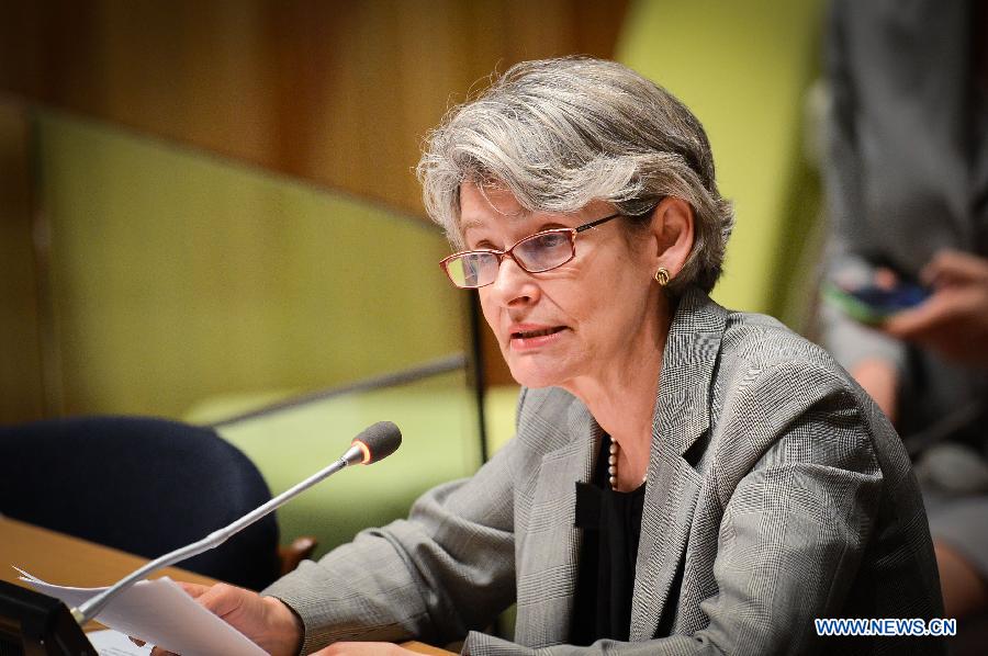 Irina Bokova, the director-general of the UN Educational, Scientific and Cultural Organization (UNESCO), speaks during a special thematic debate of the UN General Assembly (UNGA) on 'Culture and Sustainable Development in the Post-2015 Development Agenda,' held at the UN headquarters in New York, on May 5, 2014. [Photo/Xinhua]