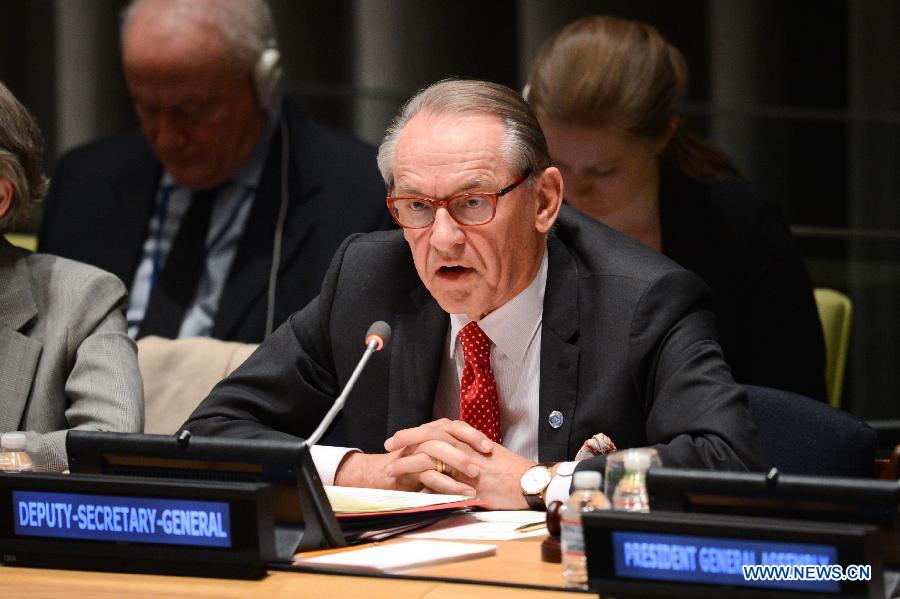 UN Deputy-Secretary-General Jan Eliasson speaks during a special thematic debate of the UN General Assembly (UNGA) on 'Culture and Sustainable Development in the Post-2015 Development Agenda,' held at the UN headquarters in New York, on May 5, 2014. [Photo/Xinhua]