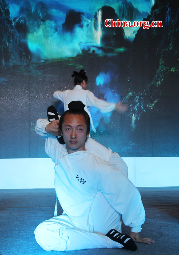 A Kongfu opera performed by China Wudang Taichi Kongfu Troupe stages at the Third China Beijing International Fair for Trade in Services (CIFTIS) Saturday in Beijing. Mt. Wudang, located in Hubei Province in Central China, is famous for the ancient martial art of Taichi and was made a UNESCO World Heritage Site in 1994. [Photo: China.org.cn]