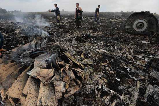 Photo taken on July 17, 2014 shows the debris at the crash site of a passenger plane near the village of Grabovo, Ukraine. [Xinhua]