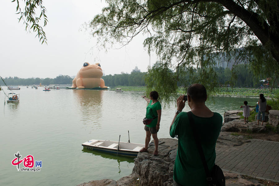 A giant, air-filled toad is seem at the lake of the Yuyuantan Park in downtown Beijing on Saturday, July 19, 2014. The 22-meter tall toad, called &apos;Toad of Rejuvenation&apos; or simply &apos;Golden Toad,&apos; is meant to represent the traditional Chinese culture as it brings blessings and fortune. The appearance of the Golden Toad can hardly make people refrain from comparing it with the Giant Rubber Duck, an artifact made by Dutch artist Florentijn Hofman, famous worldwide. [Photo by Chen Boyuan / China.org.cn]