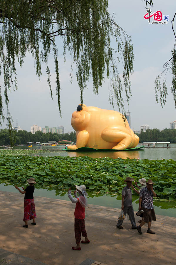 A giant, air-filled toad is seem at the lake of the Yuyuantan Park in downtown Beijing on Saturday, July 19, 2014. The 22-meter tall toad, called &apos;Toad of Rejuvenation&apos; or simply &apos;Golden Toad,&apos; is meant to represent the traditional Chinese culture as it brings blessings and fortune. The appearance of the Golden Toad can hardly make people refrain from comparing it with the Giant Rubber Duck, an artifact made by Dutch artist Florentijn Hofman, famous worldwide. [Photo by Chen Boyuan / China.org.cn]