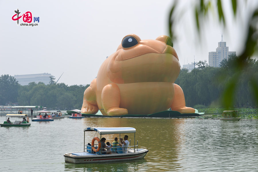 A giant, air-filled toad is seem at the lake of the Yuyuantan Park in downtown Beijing on Saturday, July 19, 2014. The 22-meter tall toad, called &apos;Toad of Rejuvenation&apos; or simply &apos;Golden Toad,&apos; is meant to represent the traditional Chinese culture as it brings blessings and fortune. The appearance of the Golden Toad can hardly make people refrain from comparing it with the Giant Rubber Duck, an artifact made by Dutch artist Florentijn Hofman, famous worldwide. [Photo by Chen Boyuan / China.org.cn]