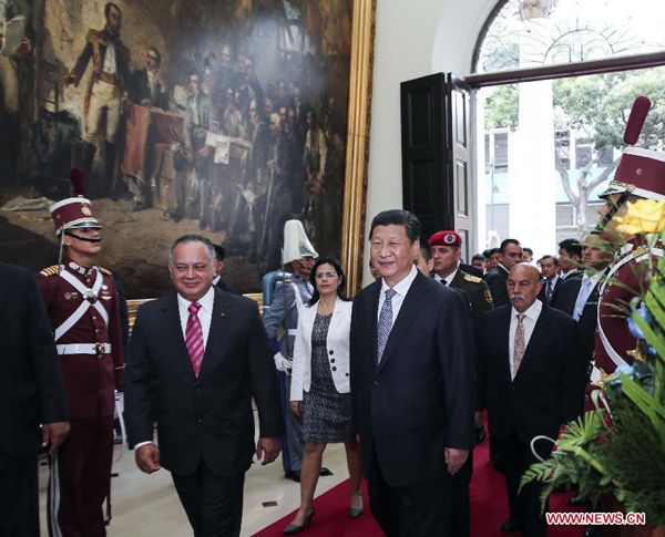 Chinese President Xi Jinping meets with President of the National Assembly of Venezuela Diosdado Cabello in Caracas, capital of Venezuela, July 21, 2014. [Photo/Xinhua]