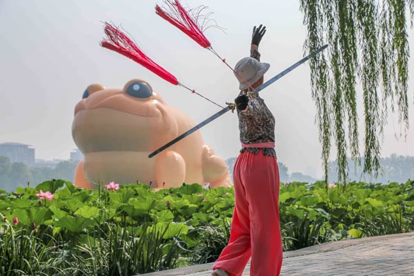 A woman practises a Chinese martial art in front of an inflatable golden toad in Beijing's Yuyuantan Park since July 19. The toad's image has stirred debate on the internet between supporters and detractors. [Photo / China Daily]