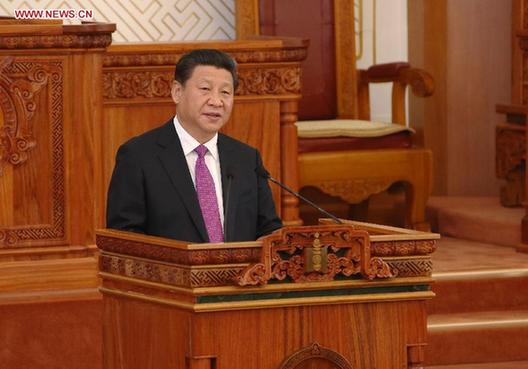 Chinese President Xi Jinping delivers a speech at the State Great Hural of Mongolia, the country's parliament, in Ulan Bator, Mongolia, Aug. 22, 2014. [Xinhua] 