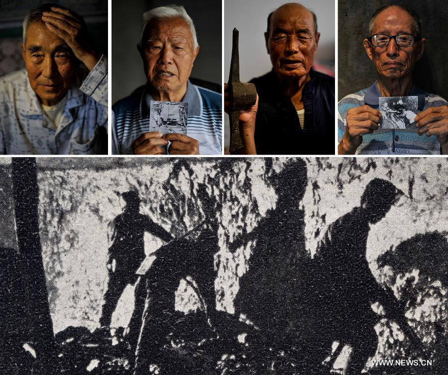The combined photo shows Chu Qingfang, Liu Qixiang, Wang Zhigong and Sun Yuanxin (up, L to R), surviving forced miners who worked for Japan during the World War II, and the file photo taken in 1943 (down) of forced miners working in a mine in Liaoyuan, Northeast China's Jilin province. 