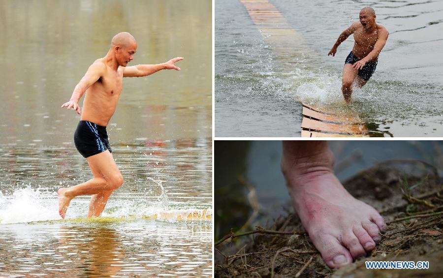 Combo photo taken on Oct. 26, 2014 shows Shi Liliang, a monk from the Quanzhou Shaolin Temple, performing a Chinese martial art stunt by running on water under thin plywood for about 118 meters (Left), he fell into water during the warm-up (up, Right), and Shi Liliang's foot (bottom, Right) in Quanzhou City, southeast China's Fujian Province. [Xinhua]