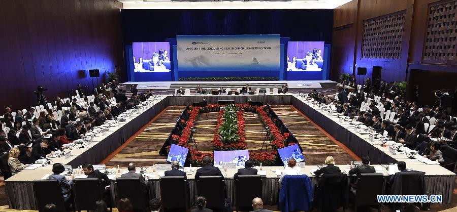 The Asia-Pacific Economic Cooperation (APEC) 2014 Concluding Senior Officials Meeting (CSOM) is held at China National Convention Center in Beijing, capital of China, Nov. 5, 2014. The APEC 2014 CSOM will be held from Nov. 5 to 6. [Photo/Xinhua] 