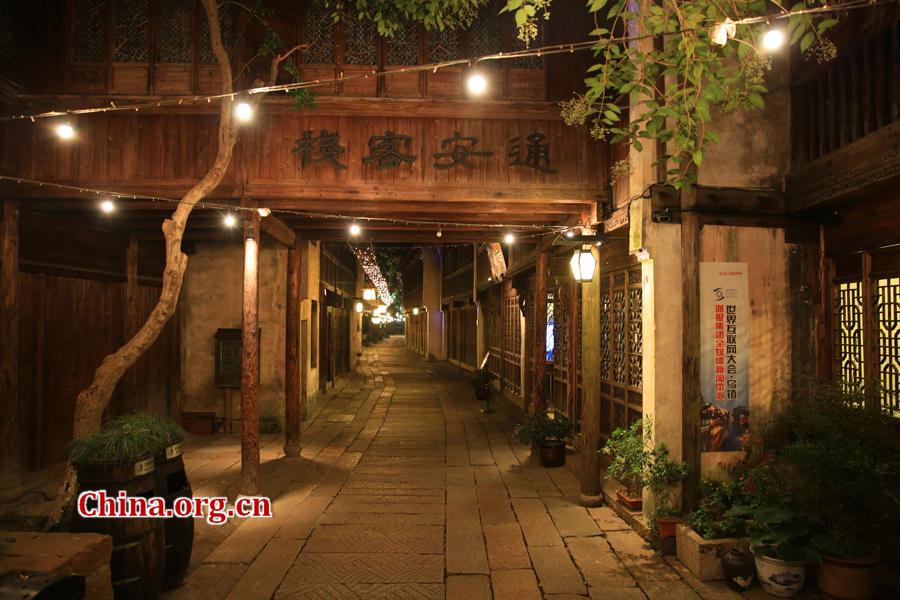 Wuzhen is a historic scenic town, part of Tongxiang, located in northern China's Zhejiang Province. The canals of Wuzhen have led to it being nicknamed the 'Venice of the East.' The picture shows the night view of Wuzhen. [Photo/China.org.cn by He Shan]