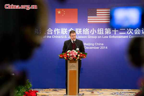 Daniel Kritenbrink, deputy chief of mission at the U.S. Embassy in Beijing, delivers a keynote speech at the opening ceremony of the 12th Meeting of the China-U.S. Joint Liaison Group on Law Enforcement Cooperation on Wednesday, Dec. 3, 2014 in Beijing, China. [Photo by Chen Boyuan / China.org.cn]