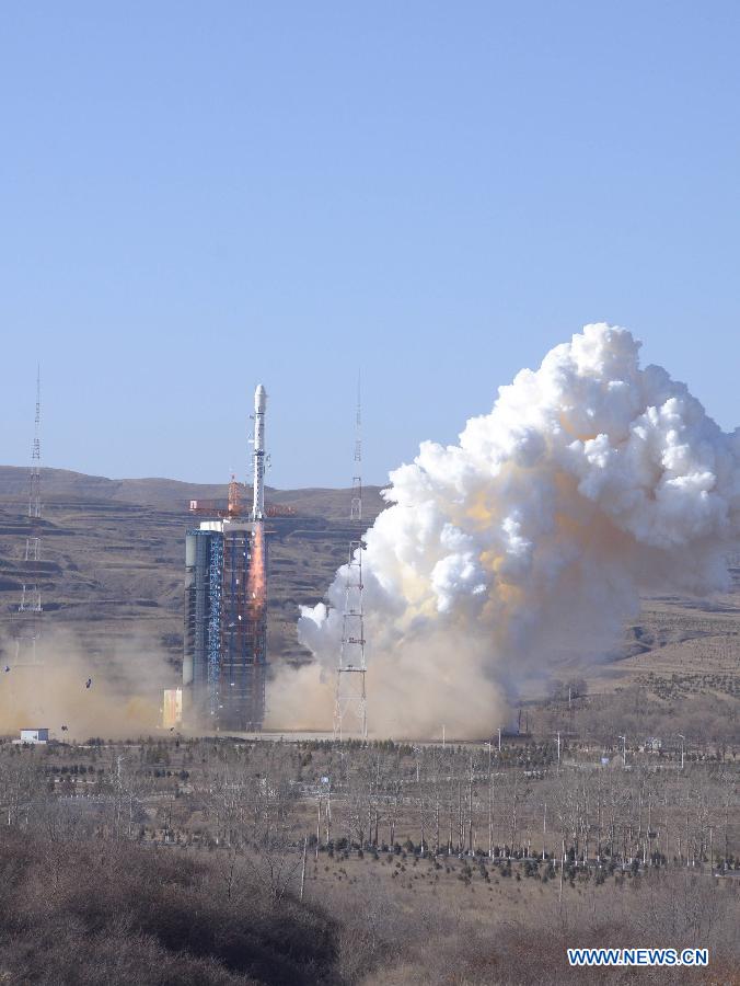 A Chinese Long March-4B rocket carrying the CBERS-4 satellite, jointly developed with Brazil, blasts off in Taiyuan satellite launch center in north China's Shanxi Province, Dec. 7, 2014. It was the 200th launch of the Long March rocket family since April 24, 1970 when a Long March-1 successfully carried China's first satellite, Dongfanghong-1, into space. [Photo/Xinhua]