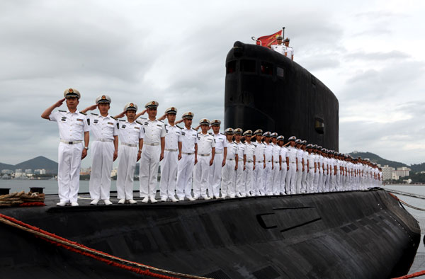 Crew members of Submarine 372, of the PLA navy's South Sea Fleet, salute in an undated photo. 