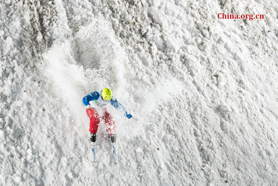 A contestant competing in the FIS Freestyle Ski Aerials World Cup held at the Bird&apos;s Nest Staidum in Beijing, China on Satuday, Dec. 20, 2014. [Photo by Chen Boyuan / China.org.cn]