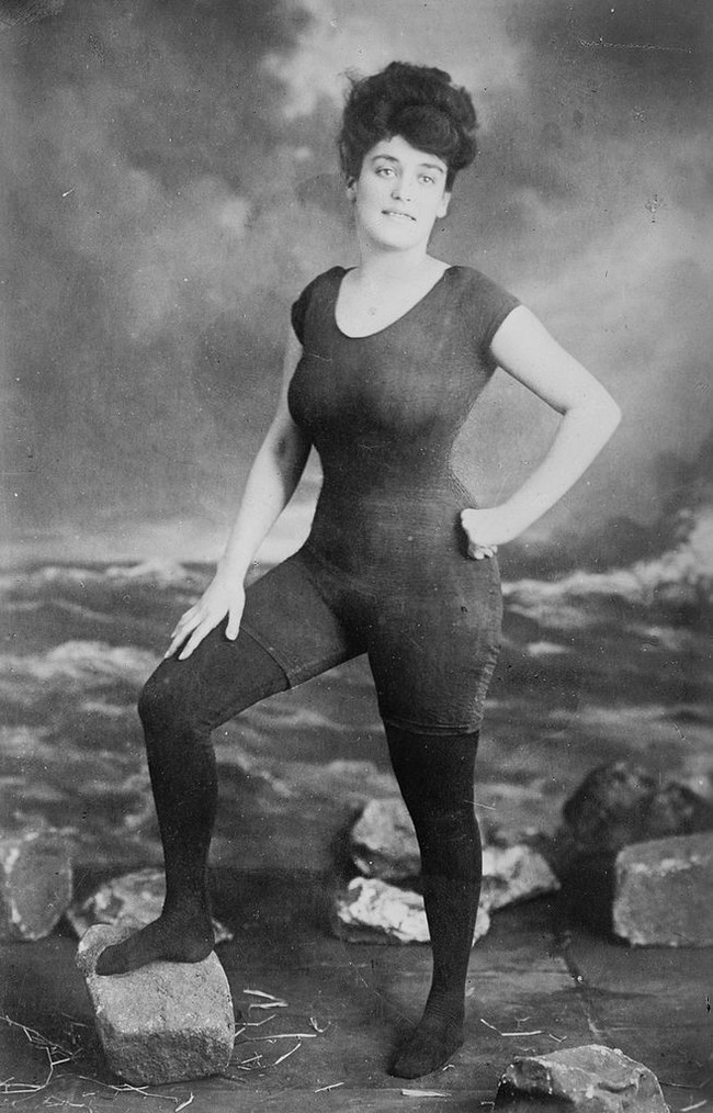 Annette Kellerman posing in a swimsuit that got her arrested for indecency. [c. 1907] [Web photo]