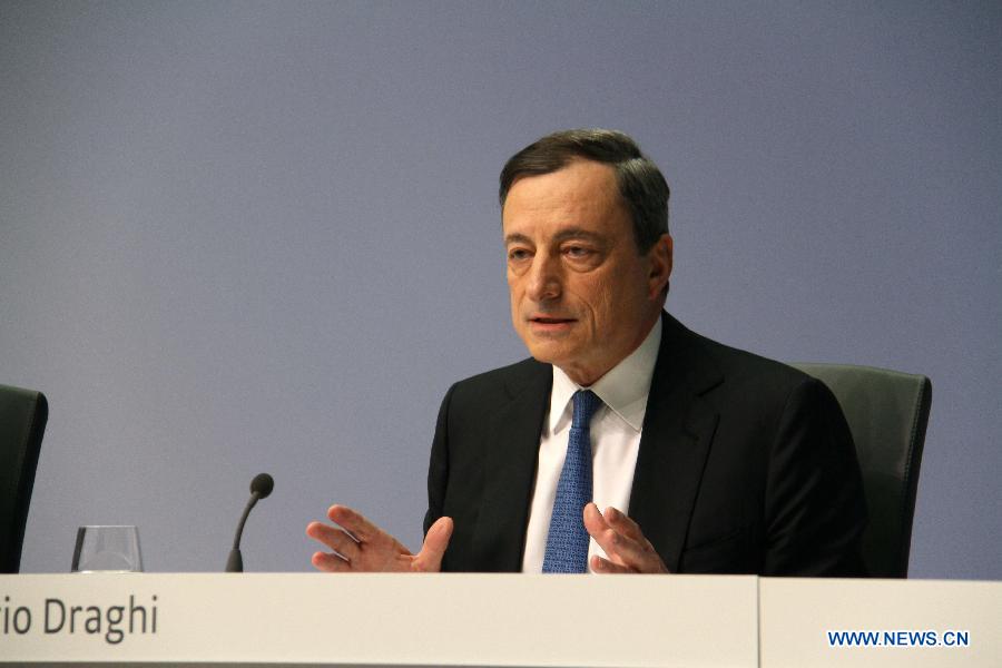European Central Bank President Mario Draghi attends a press conference in Frankfurt, Germany, on Jan. 22, 2015. The European Central Bank decided on Thursday to start a large scale quantitative easing program and pump over one trillion euros into the euro zone economy in a bid to address risks of deflation. [Photo/Xinhua]
