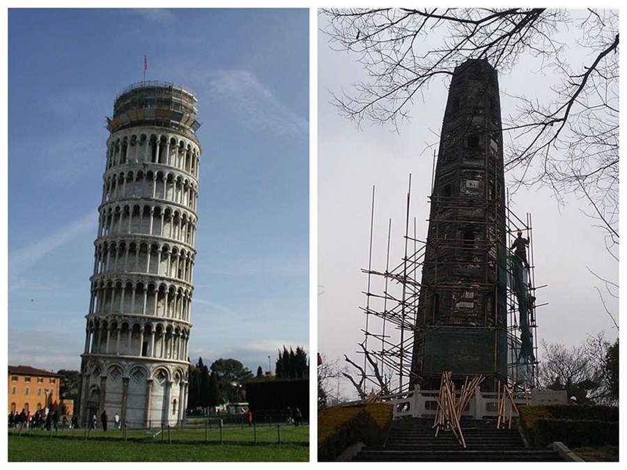 A team of workers puts scaffolding around Huzhu Tower (right) in Shanghai’s Songjiang District yesterday. The seven-story tower lists 7.1 degrees, which is far more than the 4-degree tilt of the Leaning Tower of Pisa in Italy. -- Zhang Ningning