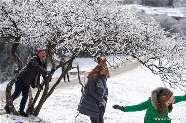 Tourists play in the snow-covered Jinfo Mountain scenic spot of southwest China's Chongqing, Feb 6, 2015. Since winter began, scenic spots like Jinfo Mountain where people can enjoy snow scenery has attracted a lot of tourists. [Photo/Xinhua]