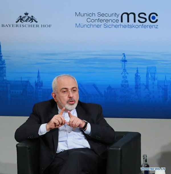 Iranian Foreign Minister Mohammad Javad Zarif speaks at a debate session of the ongoing 51st Munich Security Conference in Munich, Germany, Feb. 8, 2015. Iranian Foreign Minister Mohammad Javad Zarif said Sunday that it is quite possible to reach a deal over Iran's nuclear issue and there is no need to further extend the nuclear talks between his country and the so-called P5+1 group. [Photo/Xinhua]
