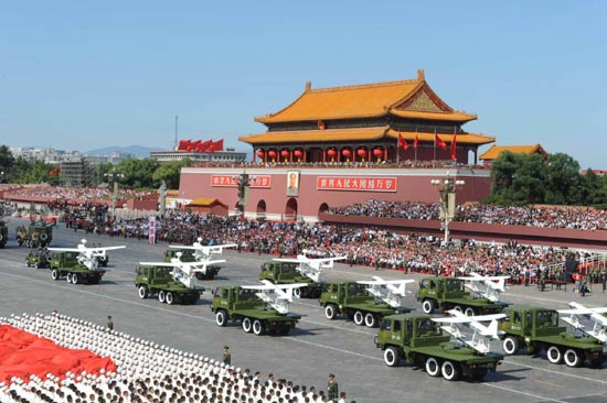 Unmanned aircraft receives inspection during a military parade in celebration of the 60th anniversary of the founding of the People's Republic of China, on Beijing's Tian'anmen Square, October 1, 2009. [Xinhua] 