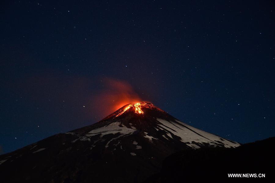 View of the erupting Villarrica Volcano, 18km south of Pucon, and 128km southeast of Temuco, in the 9th region of La Auracania, Chile, on March 3, 2015.