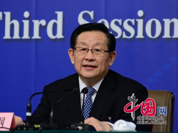 Wan Gang, minister of science and technology, gives a press conference on technology reform and development at the press center of the third session of the 12th National People&apos;s Congress (NPC) in Beijing on Thursday. [Photo/China.org.cn] 
