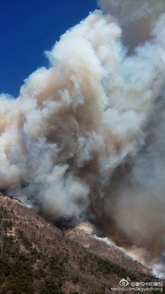 A fire breaks out in Dahei Mountain in northeastern Chinese city of Dalian on March 22, 2015. The cause of the mountain fire is still under investigation. [Photo: haiwainet.cn]