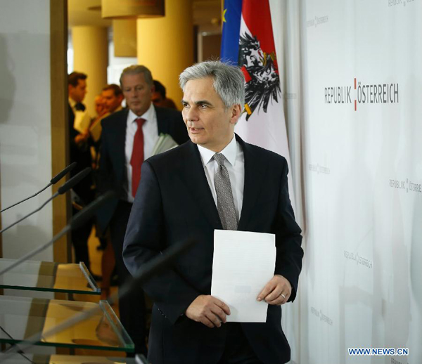 Austrian Chancellor Werner Faymann attends a press conference in Vienna, Austria, on March 24, 2015. Austria has decided to participate in the establishment of Asian Infrastructure Investment Bank (AIIB), a foreign minister spokesperson told Xinhua on Tuesday.