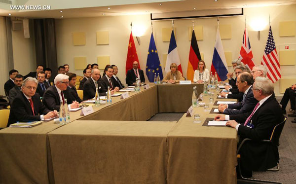 Photo taken on March 29, 2015 shows the general view of the plenary session on Iran's potential nuclear framework deal in Lausanne, Switzerland. Foreign ministers from major world powers on Sunday night kicked off a plenary session to further bridge gaps on Iran's potential nuclear framework deal.