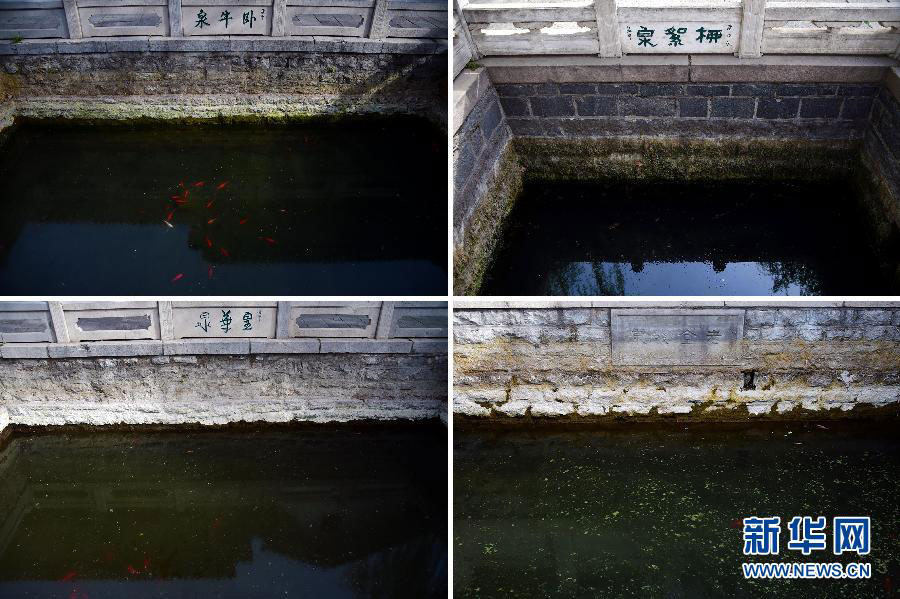 The combined photo shows four springs located in Baotu Spring Park in Jinan, east China's Shandong Province, are at risk of stopping flowing on March 29, 2015. [Photo: Xinhua/Guo Xulei]