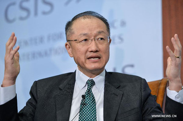 World Bank President Jim Yong Kim gives a public address at the Center for Strategic and International Studies (CSIS) in Washington D.C., capital of the United States, April 7, 2015. World Bank welcomes the new development banks, such as China-proposed Asian Infrastructure Investment Bank (AIIB) and the New Development Bank established by the BRICS countries, and is ready to share experience with them, World Bank President Jim Yong Kim said on Tuesday. [Photo/Xinhua] 