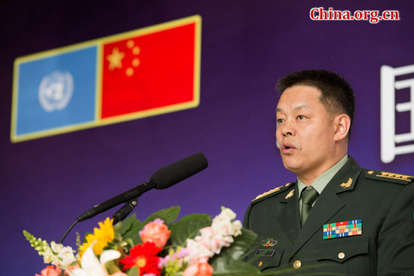 Li Xiuhua, vice director of Peacekeeping Affairs at the Ministry of Defense, briefs the press on the People's Liberation Army's participation in United Nations peacekeeping missions on Tuesday, April 7, 2015 before China's latest peacekeeping force – an infantry battalion – left for South Sudan that evening. [Photo by Chen Boyuan / China.org.cn]