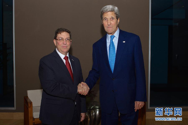 U.S. Secretary of State John Kerry and Cuban Foreign Minister Bruno Rodriguez held a closed-door meeting Thursday evening, which was the highest-level talks between Washington and Havana since they broke off diplomatic relations in 1961. [Photo/Xinhua]