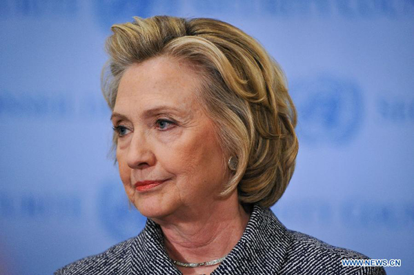 File photo taken on March 10, 2015 shows former U.S. Secretary of State Hillary Clinton addresses the press after attending the annual Women's Empowerment Principles event at the UN headquarters in New York, United States. Hillary announced her bid for 2016 presidential election on Sunday. [Photo/Xinhua]