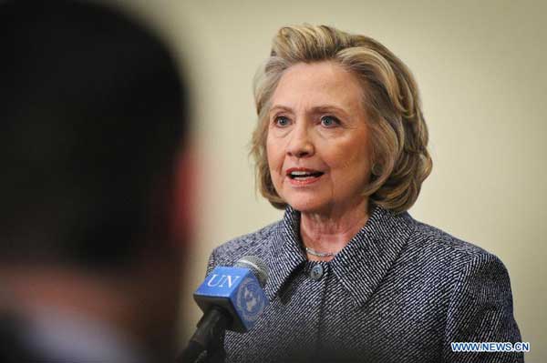 Former U.S. Secretary of State Hillary Clinton addresses the press after attending the annual Women's Empowerment Principles event at the UN headquarters in New York on March 10, 2015. [Photo/Xinhua]